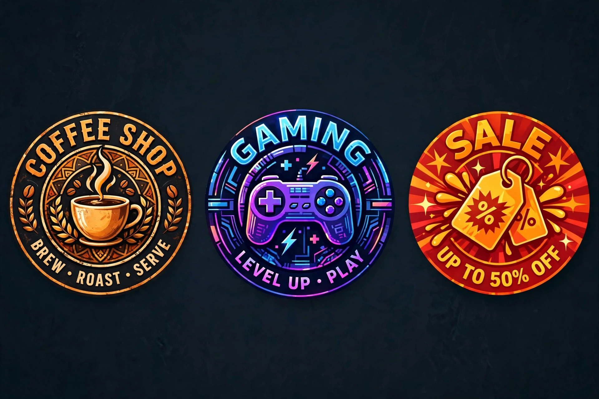 Circular badge logo designs with curved text made in PixelLab